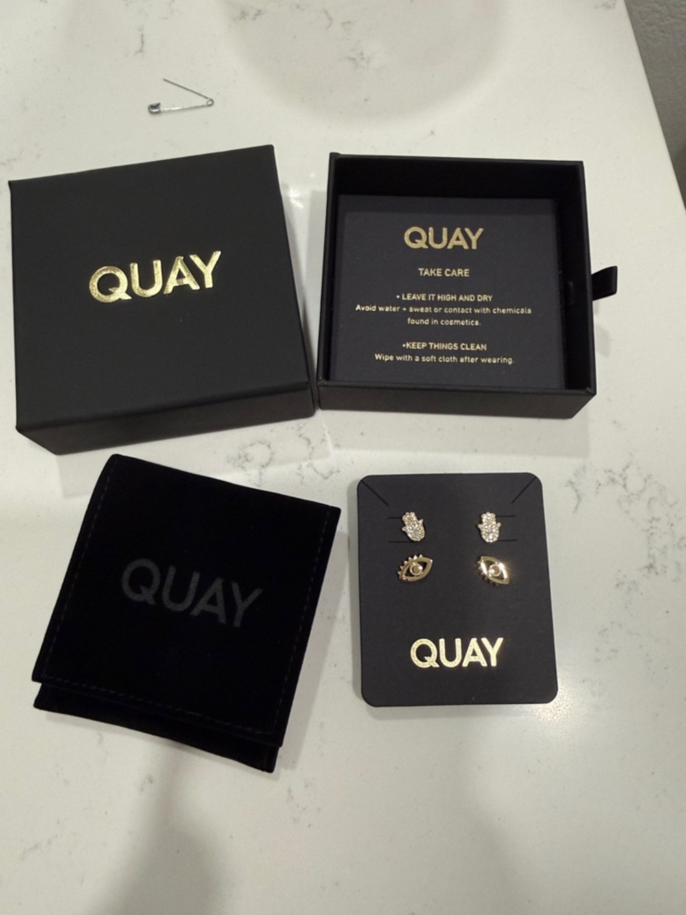 New Quay Australia Gold Hamsa & Evil Eye Studs with Crystal Accents